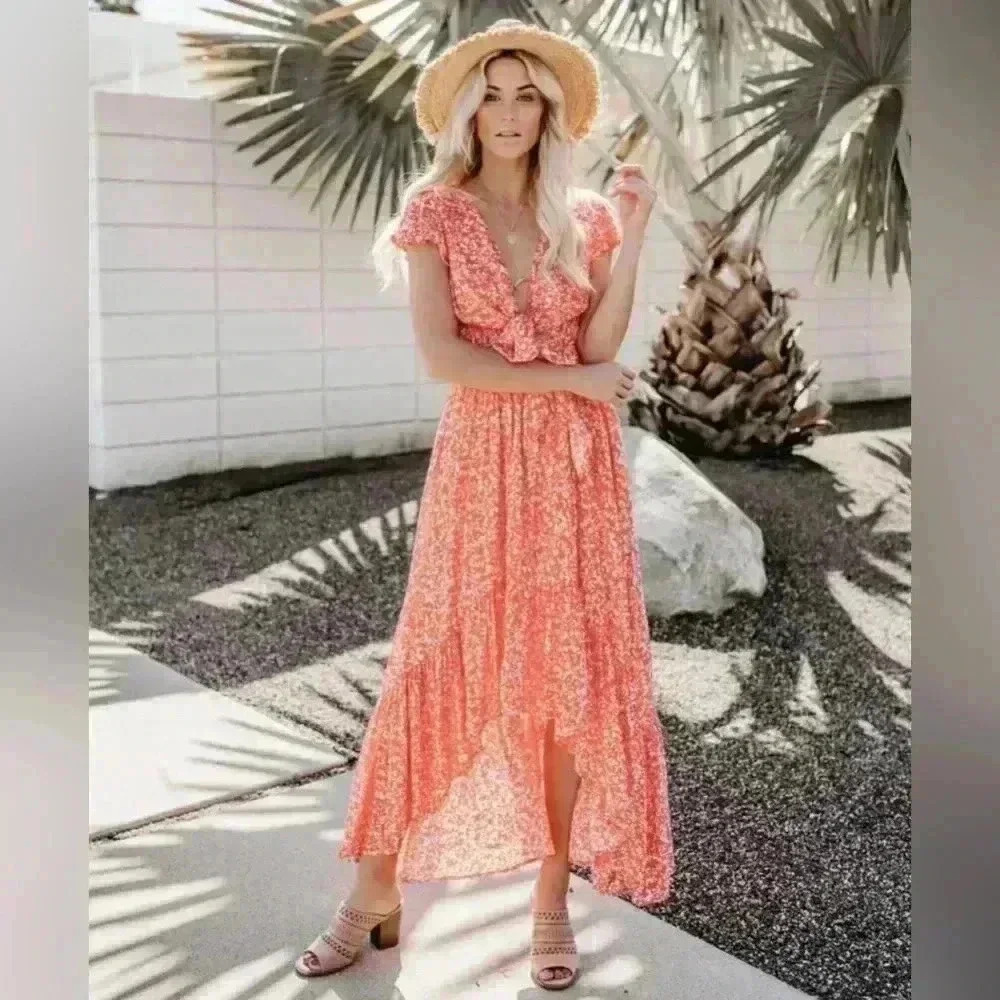 Vici Kissed By The Sun Women’s High Low Pocketed Coral Orange Dress Sz Medium